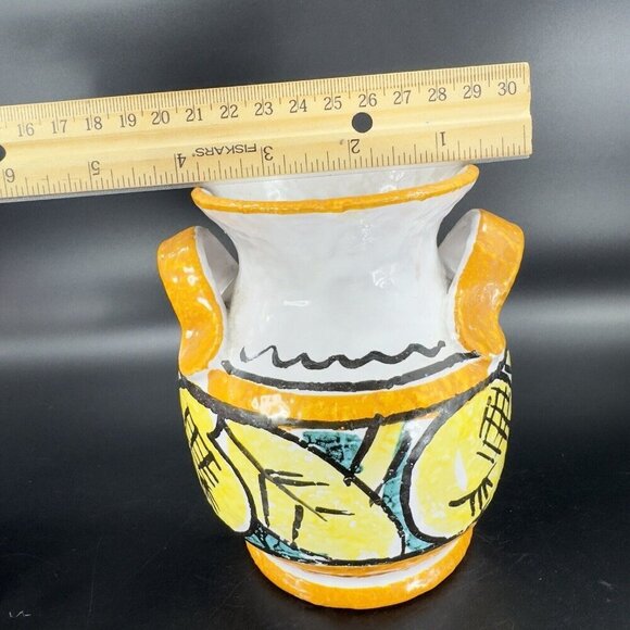 Italian Pottery Vase With Handles Hand Painted Yellow Leafs Lemons Marked Italy - Picture 5 of 15